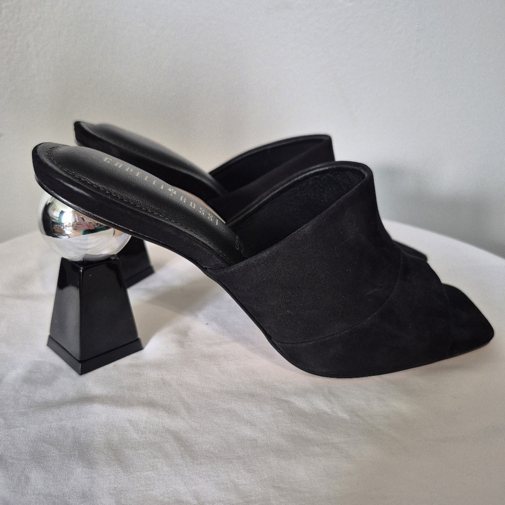 Capelli Rossi Italian Black Suede Leather Stacked Heels Slip On Size 37 US 6
